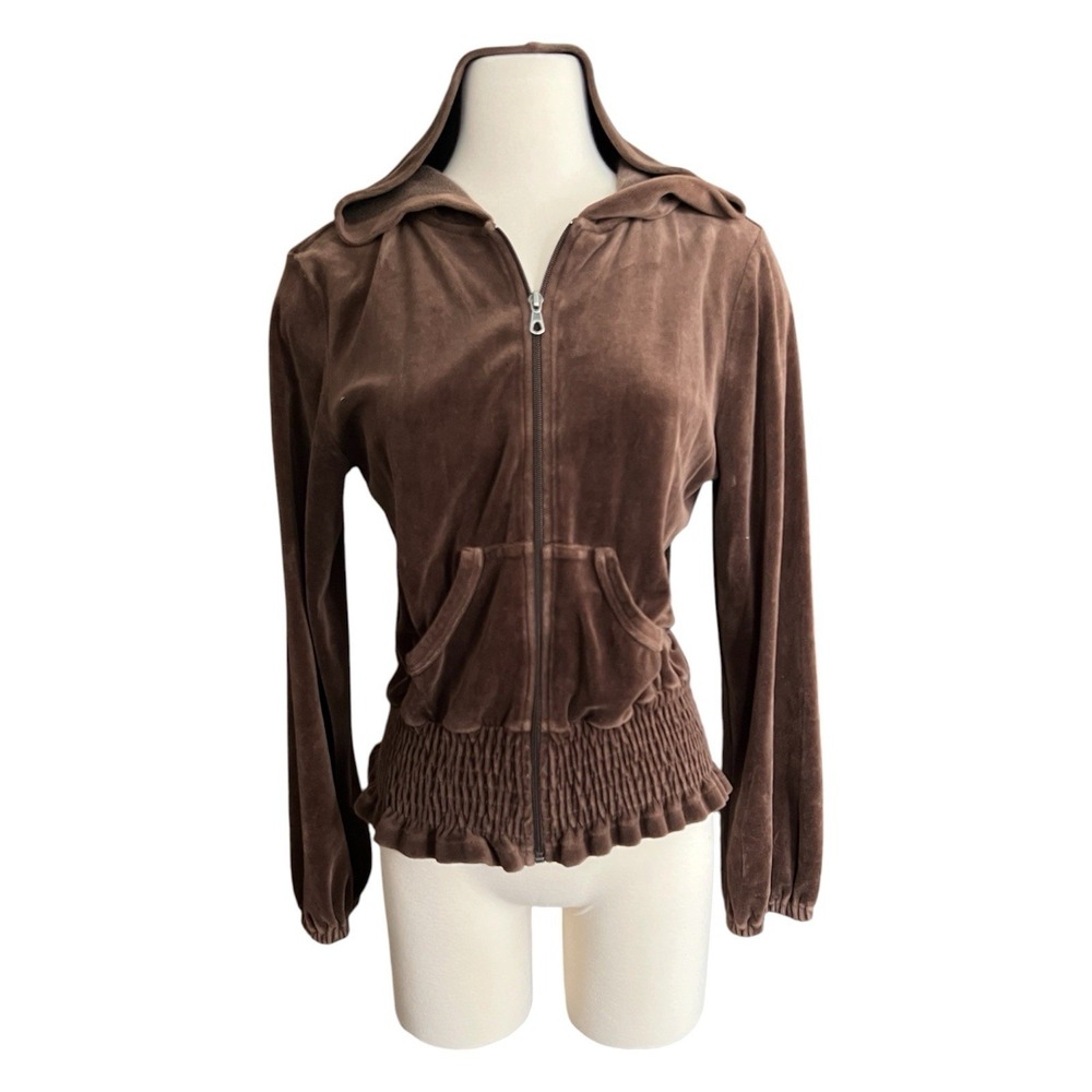 Bisou Bisou Y2K Chocolate Brown Velvet Velour Zip Hoodie Smocked Waist Jacket